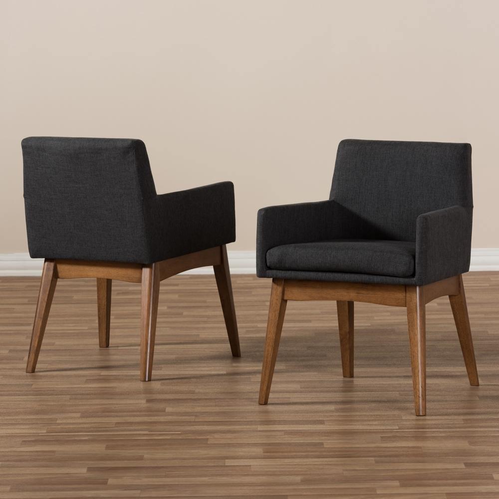 Nexus Mid-Century Modern Walnut Wood Finishing Dark Grey Fabric Dining Armchair FredCo