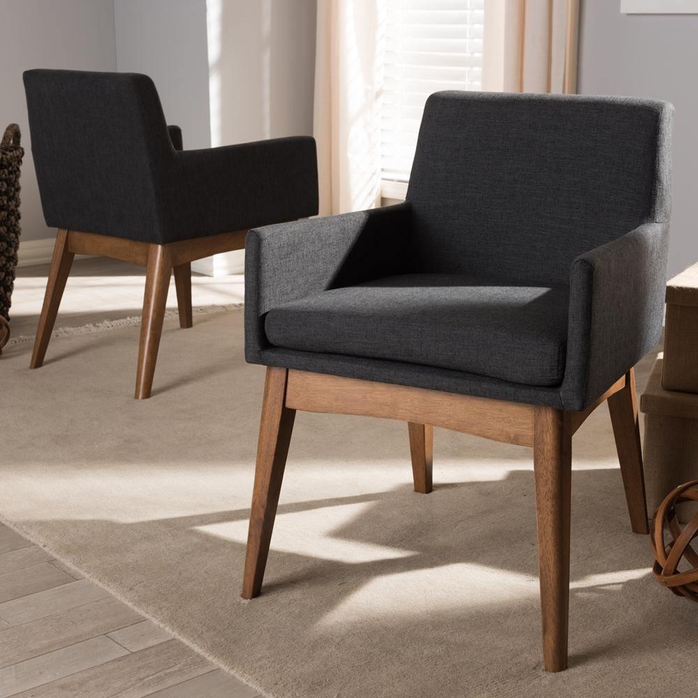 Nexus Mid-Century Modern Walnut Wood Finishing Dark Grey Fabric Dining Armchair FredCo