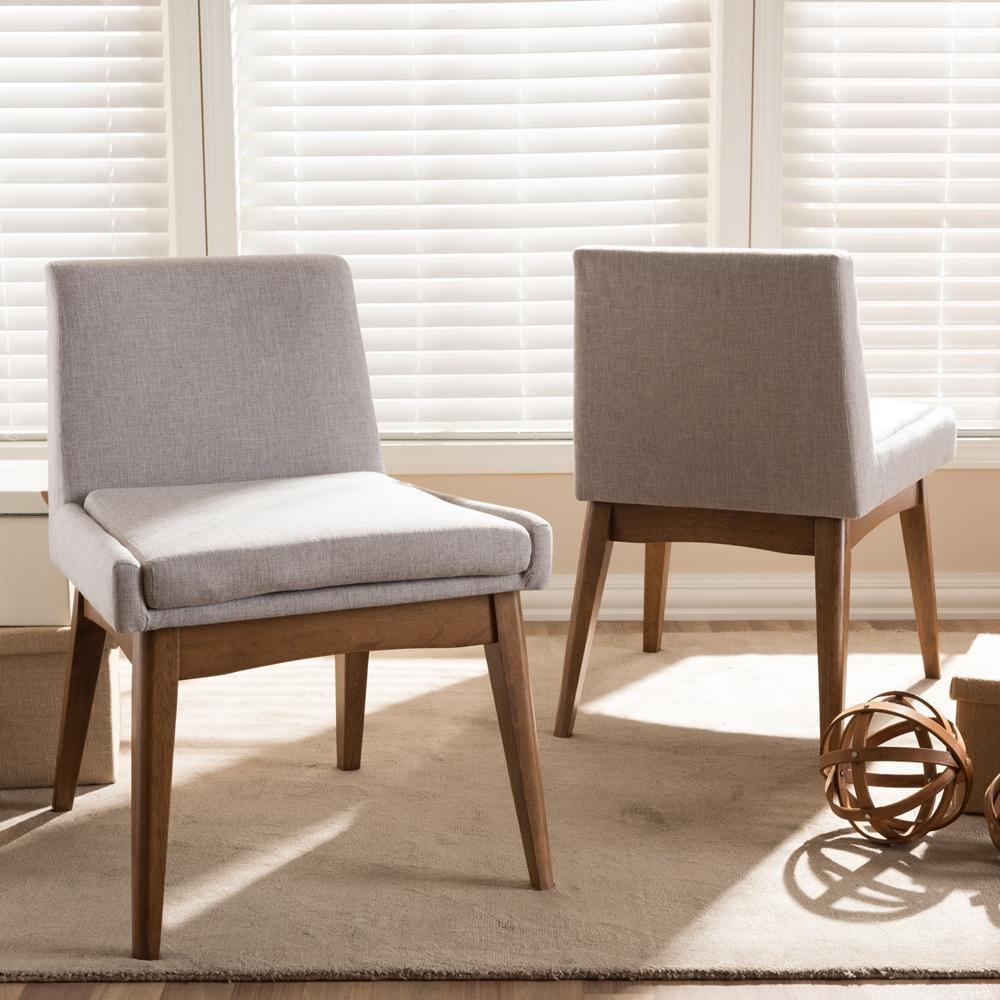 Nexus Mid-Century Modern Walnut Wood Finishing Greyish Beige Fabric Dining Side Chair FredCo