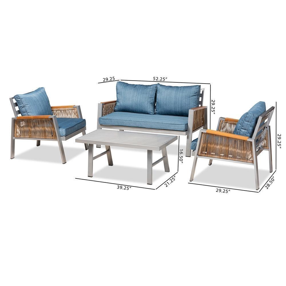 Nicholson Modern and Contemporary Blue Fabric Brown PE Rattan 4-Piece Outdoor Patio Lounge Set FredCo