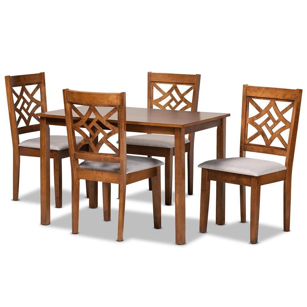 Nicolette Modern and Contemporary Grey Fabric Upholstered and Walnut Brown Finished Wood 5-Piece Dining Set FredCo