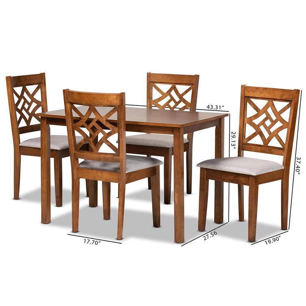 Nicolette Modern and Contemporary Grey Fabric Upholstered and Walnut Brown Finished Wood 5-Piece Dining Set FredCo