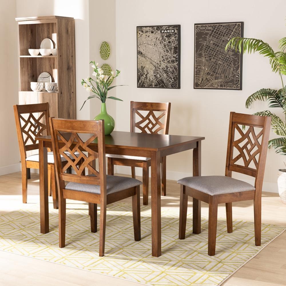 Nicolette Modern and Contemporary Grey Fabric Upholstered and Walnut Brown Finished Wood 5-Piece Dining Set FredCo