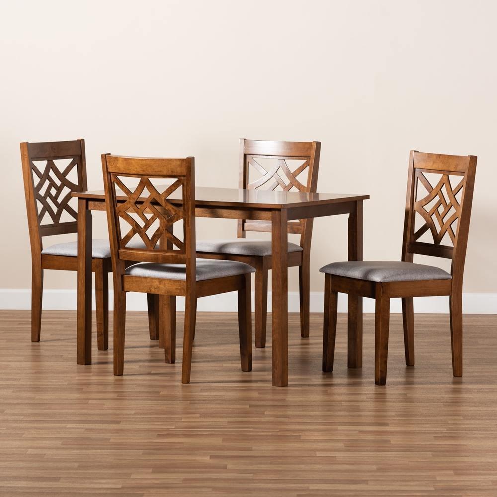 Nicolette Modern and Contemporary Grey Fabric Upholstered and Walnut Brown Finished Wood 5-Piece Dining Set FredCo
