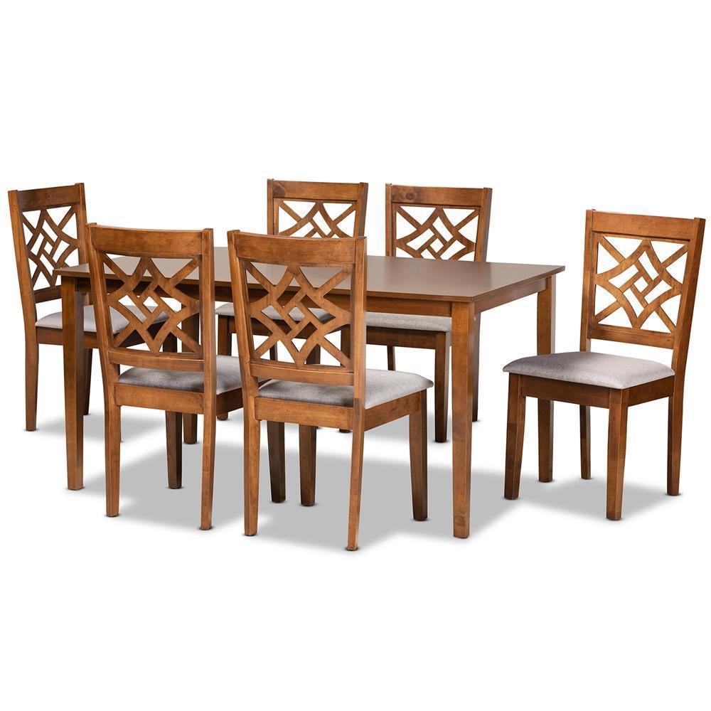 Nicolette Modern and Contemporary Grey Fabric Upholstered and Walnut Brown Finished Wood 7-Piece Dining Set FredCo