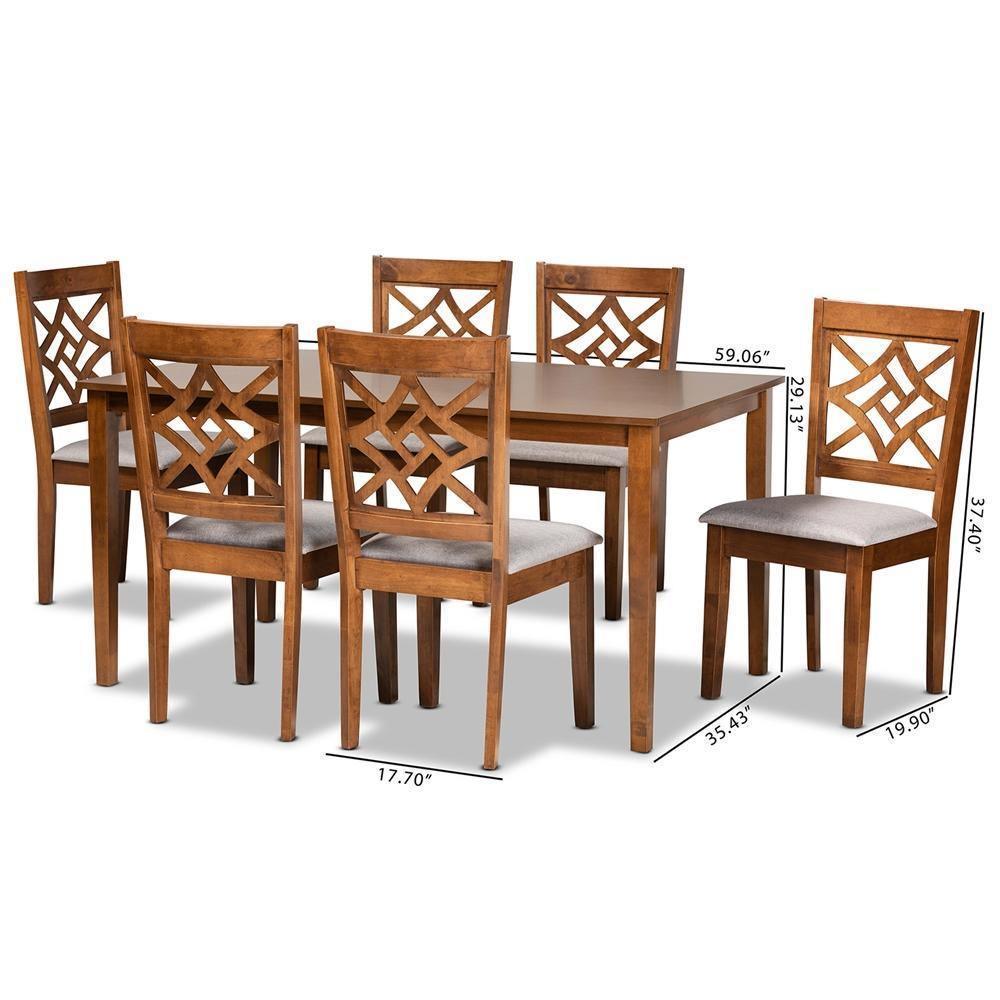 Nicolette Modern and Contemporary Grey Fabric Upholstered and Walnut Brown Finished Wood 7-Piece Dining Set FredCo