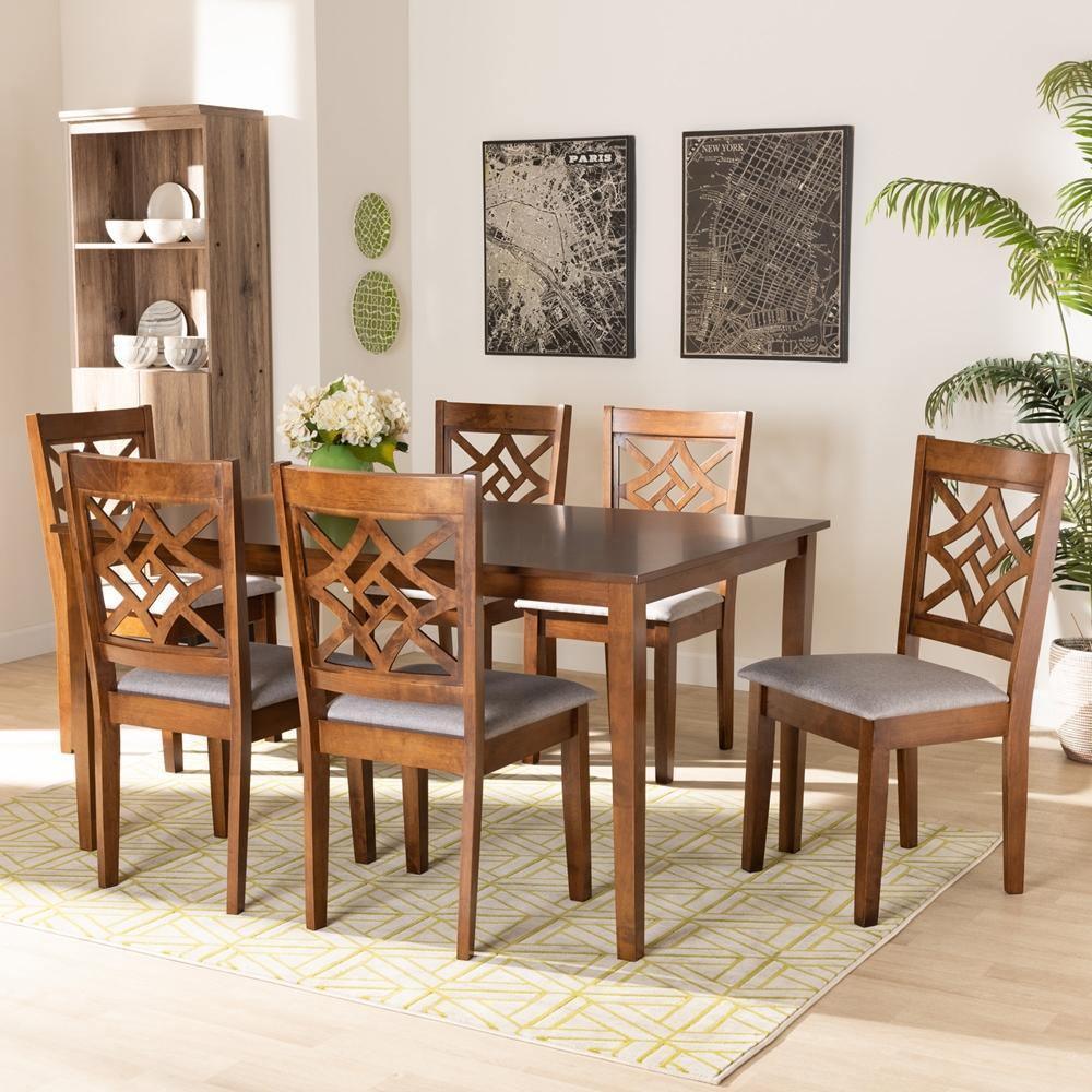 Nicolette Modern and Contemporary Grey Fabric Upholstered and Walnut Brown Finished Wood 7-Piece Dining Set FredCo