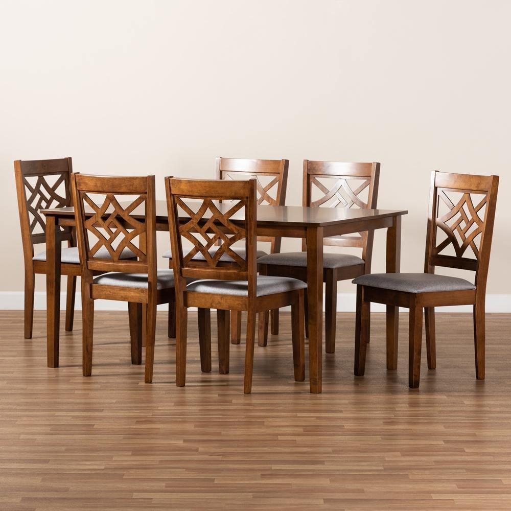 Nicolette Modern and Contemporary Grey Fabric Upholstered and Walnut Brown Finished Wood 7-Piece Dining Set FredCo