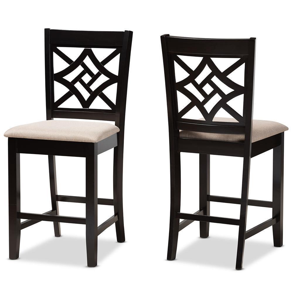 Nicolette Modern and Contemporary Sand Fabric Upholstered and Dark Brown Finished Wood 2-Piece Counter Stool Set FredCo
