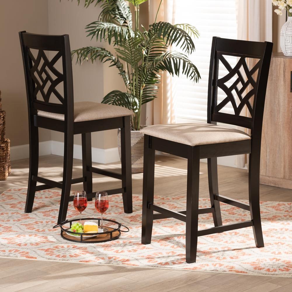 Nicolette Modern and Contemporary Sand Fabric Upholstered and Dark Brown Finished Wood 2-Piece Counter Stool Set FredCo