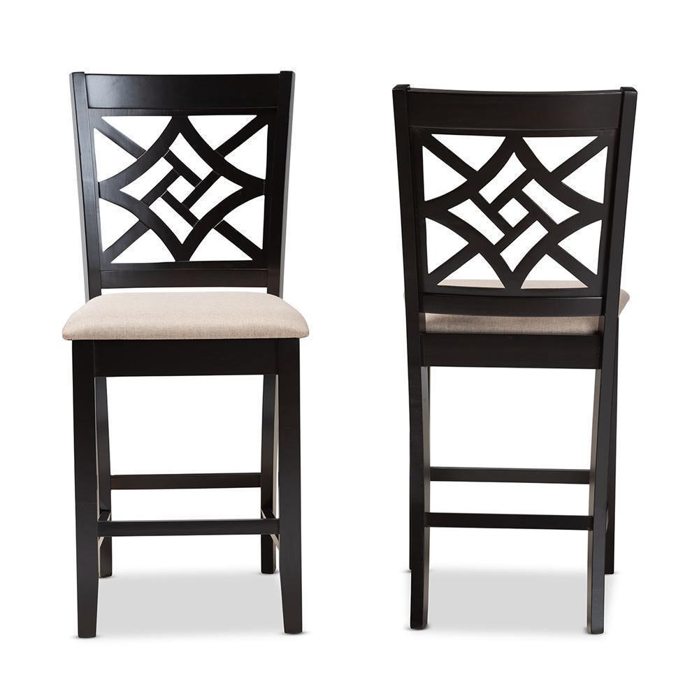 Nicolette Modern and Contemporary Sand Fabric Upholstered and Dark Brown Finished Wood 2-Piece Counter Stool Set FredCo