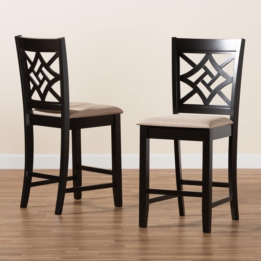 Nicolette Modern and Contemporary Sand Fabric Upholstered and Dark Brown Finished Wood 2-Piece Counter Stool Set FredCo