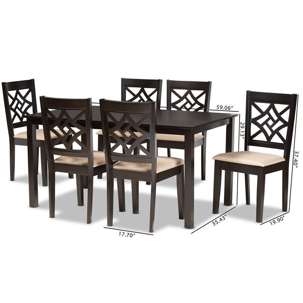 Nicolette Modern and Contemporary Sand Fabric Upholstered and Dark Brown Finished Wood 7-Piece Dining Set FredCo