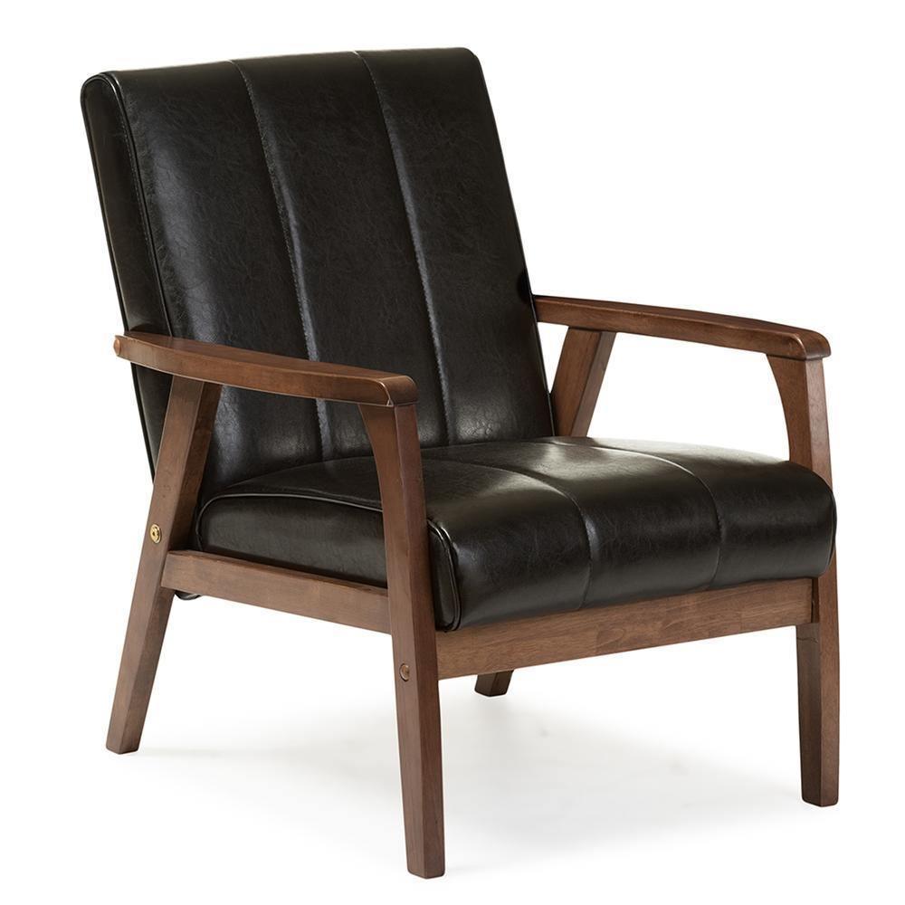Nikko Mid-century Modern Scandinavian Style Black Faux Leather Wooden Lounge Chair FredCo