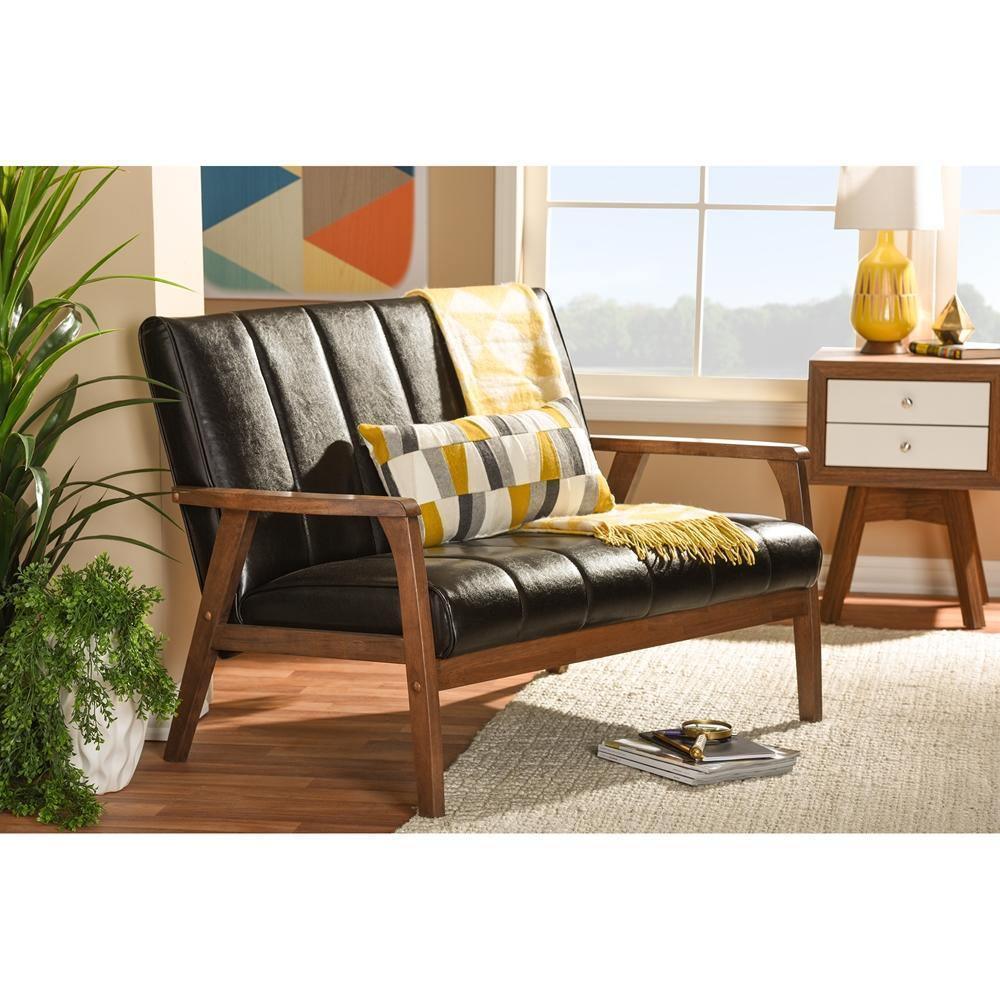 Nikko Mid-century Modern Scandinavian Style Dark Brown Faux Leather Wooden 2-Seater Loveseat FredCo