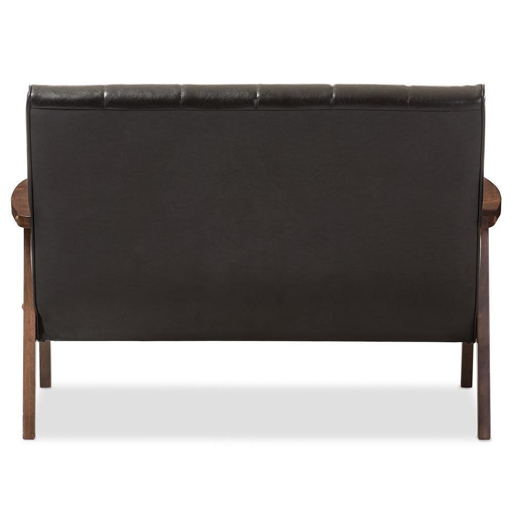 Nikko Mid-century Modern Scandinavian Style Dark Brown Faux Leather Wooden 2-Seater Loveseat FredCo