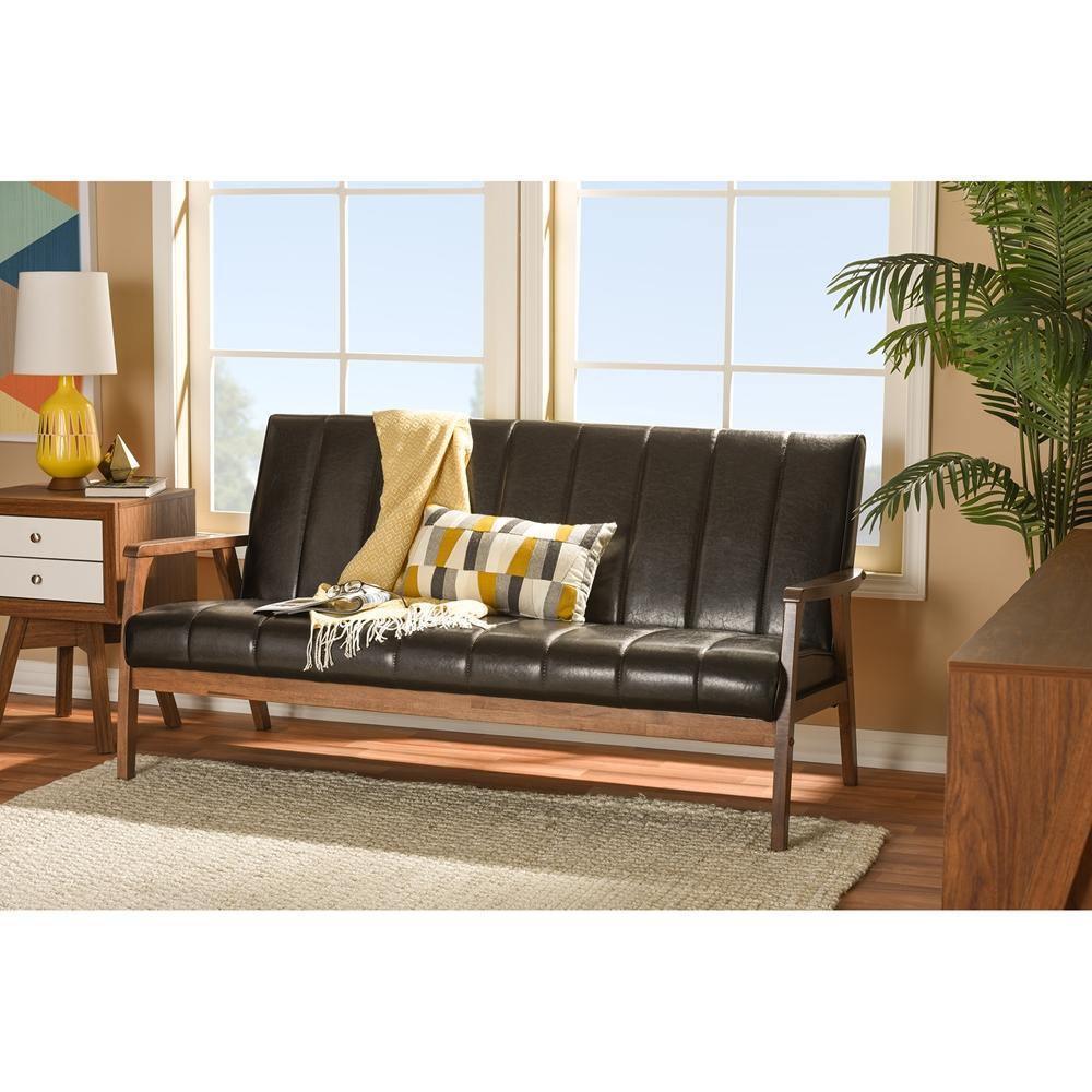 Nikko Mid-century Modern Scandinavian Style Dark Brown Faux Leather Wooden 3-Seater Sofa FredCo