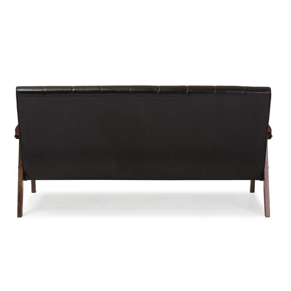 Nikko Mid-century Modern Scandinavian Style Dark Brown Faux Leather Wooden 3-Seater Sofa FredCo