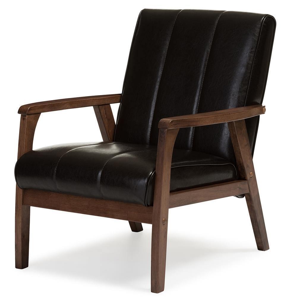 Nikko Mid-century Modern Scandinavian Style Dark Brown Faux Leather Wooden Lounge Chair FredCo