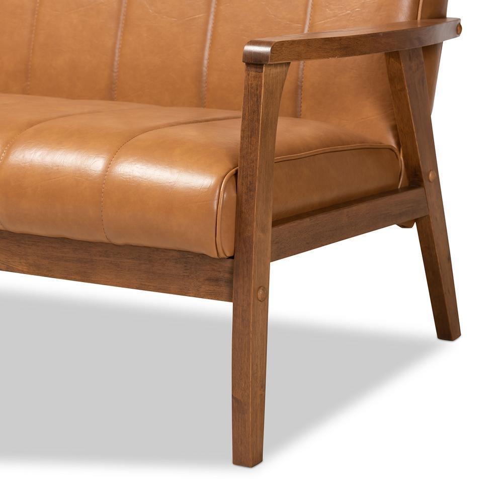 Nikko Mid-century Modern Tan Faux Leather Upholstered and Walnut Brown finished Wood 3-Piece Living Room Set FredCo