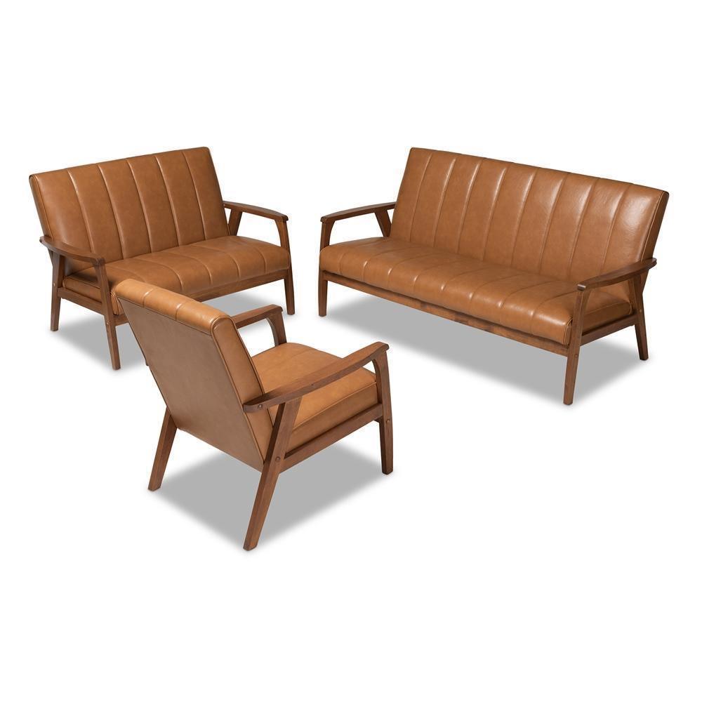 Nikko Mid-century Modern Tan Faux Leather Upholstered and Walnut Brown finished Wood 3-Piece Living Room Set FredCo
