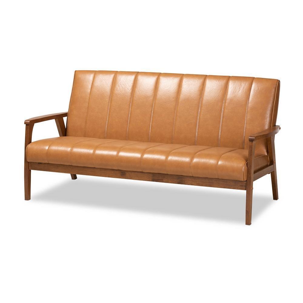 Nikko Mid-century Modern Tan Faux Leather Upholstered and Walnut Brown finished Wood 3-Piece Living Room Set FredCo