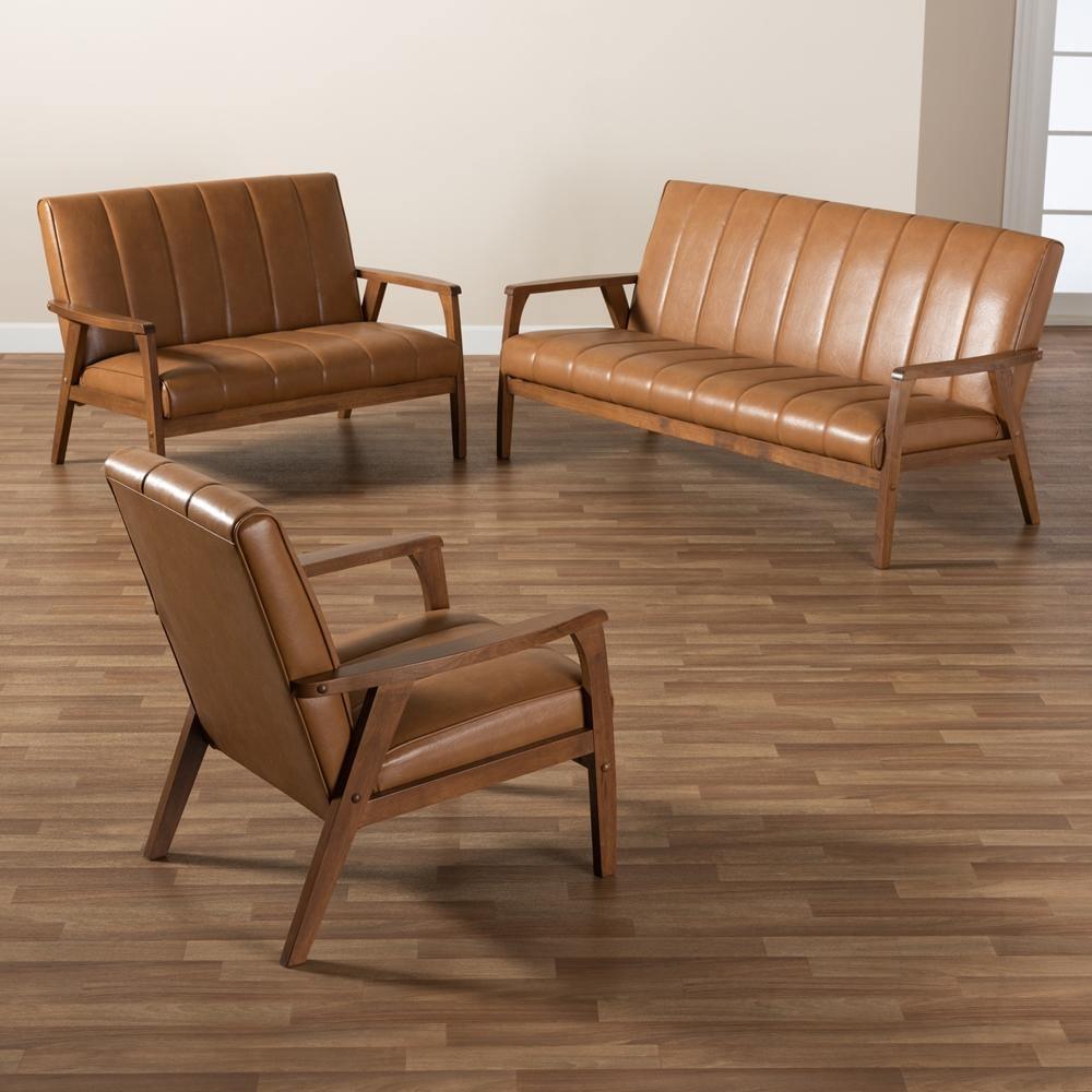 Nikko Mid-century Modern Tan Faux Leather Upholstered and Walnut Brown finished Wood 3-Piece Living Room Set FredCo