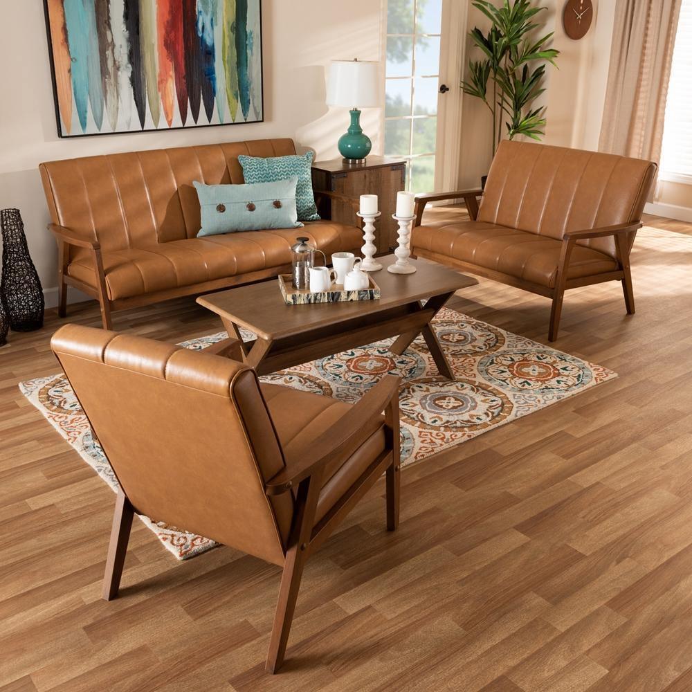 Nikko Mid-century Modern Tan Faux Leather Upholstered and Walnut Brown finished Wood 3-Piece Living Room Set FredCo