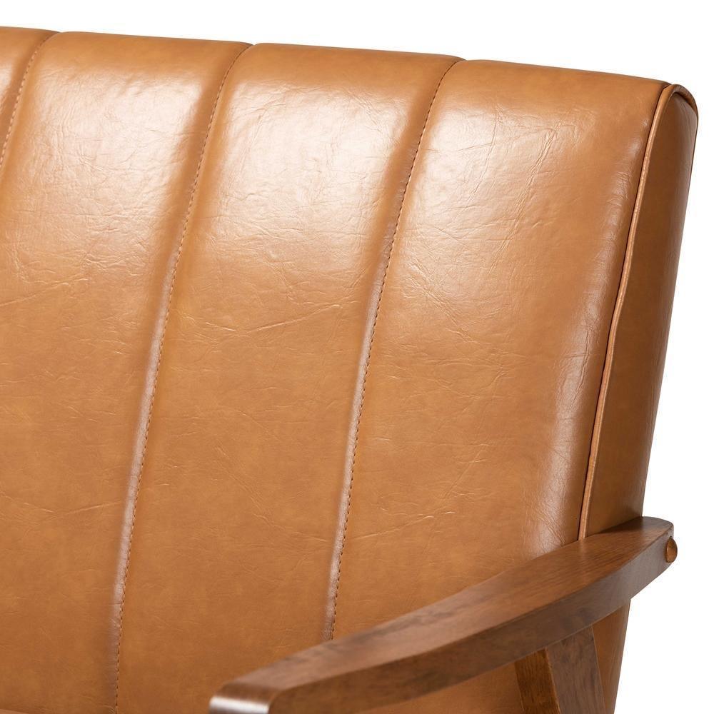 Nikko Mid-century Modern Tan Faux Leather Upholstered and Walnut Brown finished Wood 3-Piece Living Room Set FredCo