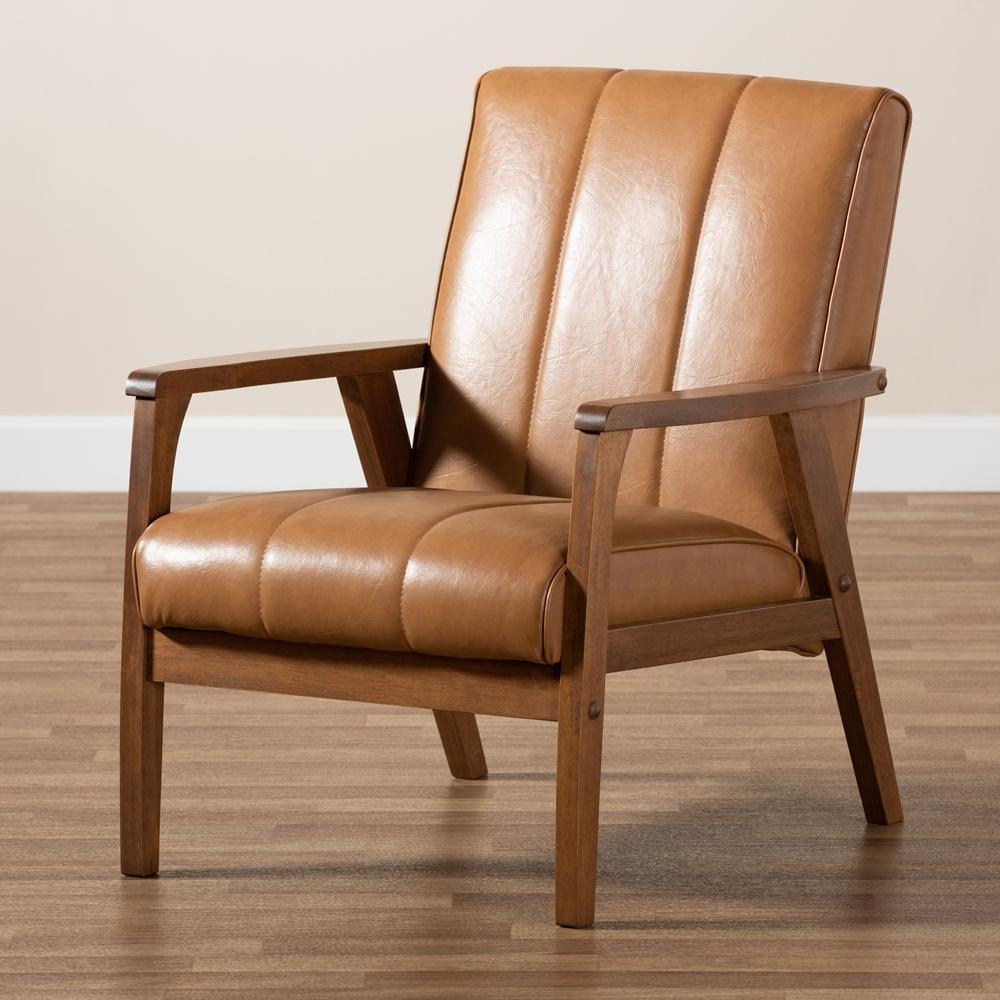 Nikko Mid-century Modern Tan Faux Leather Upholstered and Walnut Brown finished Wood Lounge Chair FredCo