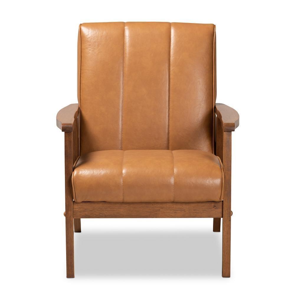 Nikko Mid-century Modern Tan Faux Leather Upholstered and Walnut Brown finished Wood Lounge Chair FredCo