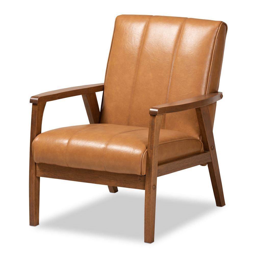 Nikko Mid-century Modern Tan Faux Leather Upholstered and Walnut Brown finished Wood Lounge Chair FredCo