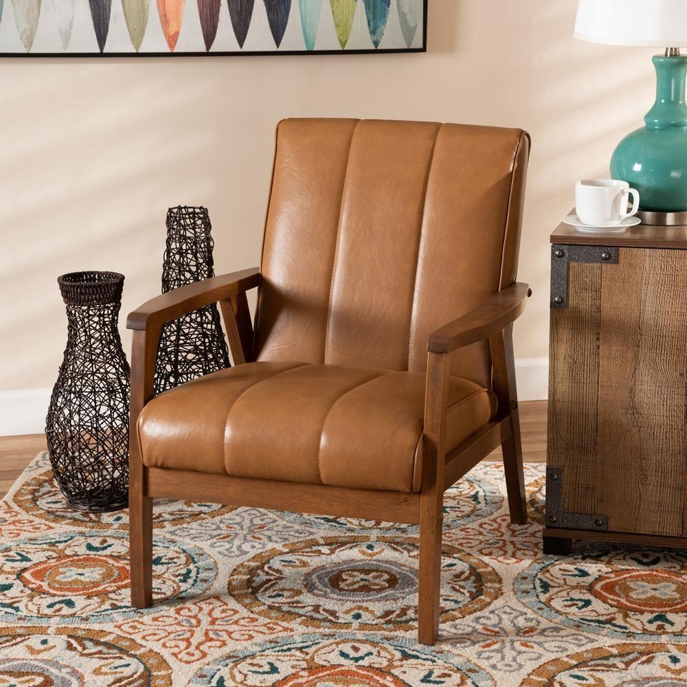 Nikko Mid-century Modern Tan Faux Leather Upholstered and Walnut Brown finished Wood Lounge Chair FredCo