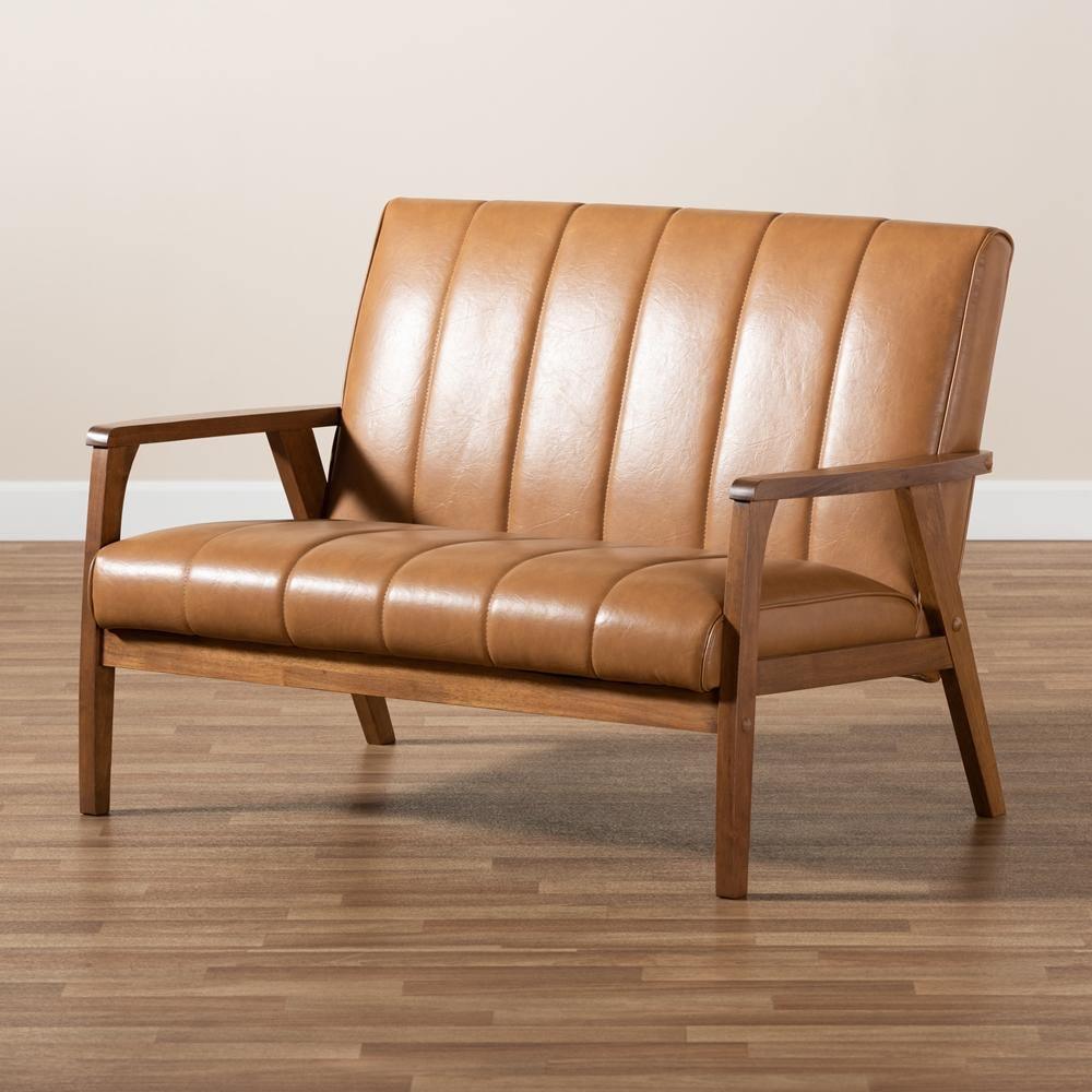 Nikko Mid-century Modern Tan Faux Leather Upholstered and Walnut Brown finished Wood Loveseat FredCo