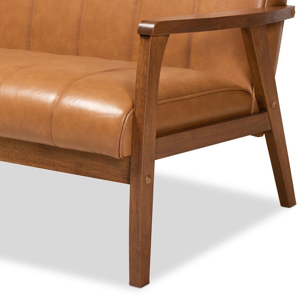 Nikko Mid-century Modern Tan Faux Leather Upholstered and Walnut Brown finished Wood Loveseat FredCo