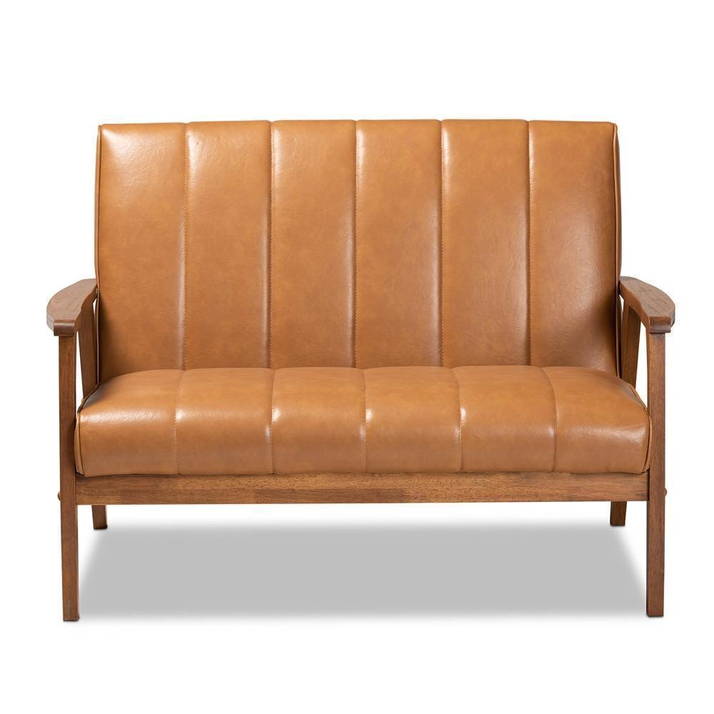 Nikko Mid-century Modern Tan Faux Leather Upholstered and Walnut Brown finished Wood Loveseat FredCo