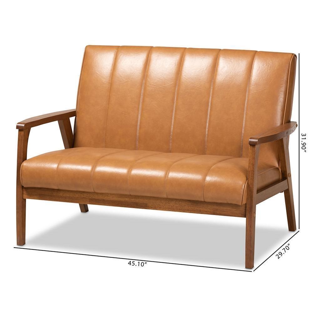 Nikko Mid-century Modern Tan Faux Leather Upholstered and Walnut Brown finished Wood Loveseat FredCo