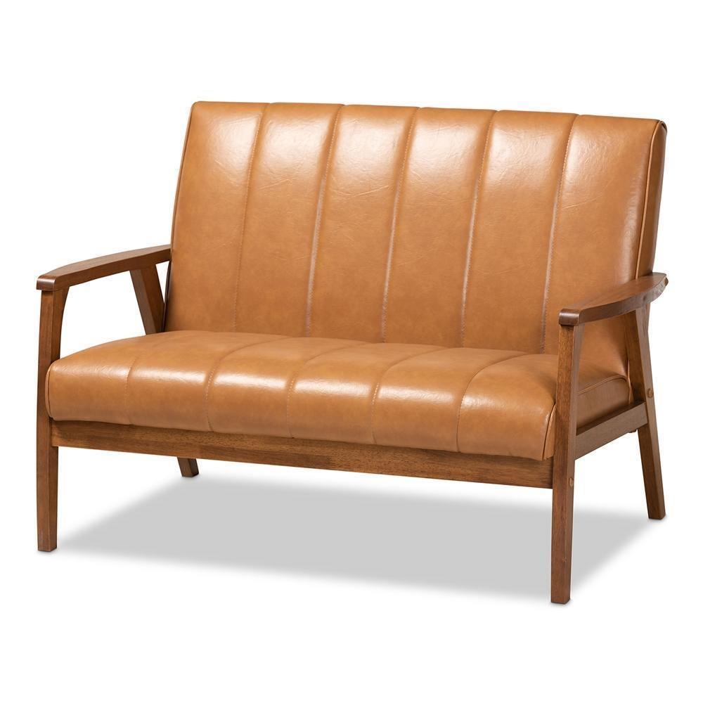 Nikko Mid-century Modern Tan Faux Leather Upholstered and Walnut Brown finished Wood Loveseat FredCo