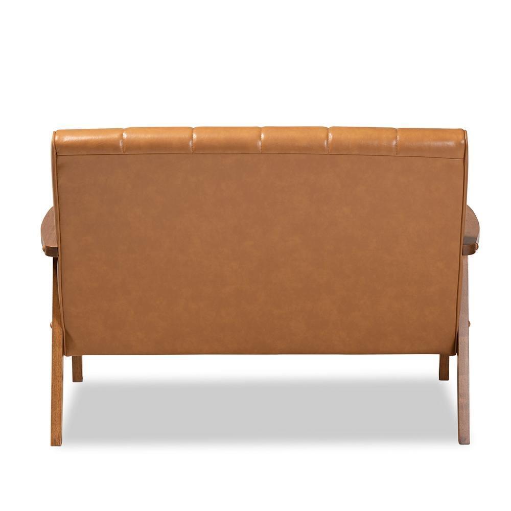 Nikko Mid-century Modern Tan Faux Leather Upholstered and Walnut Brown finished Wood Loveseat FredCo