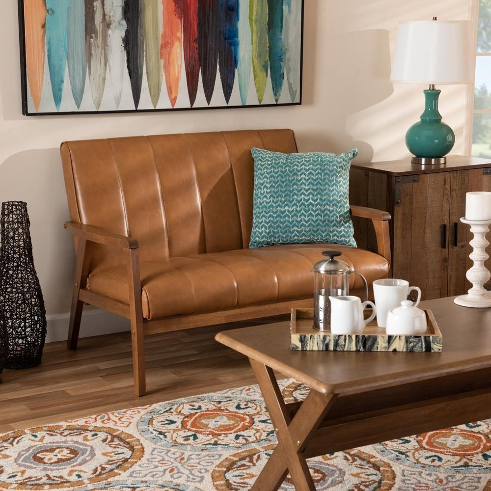 Nikko Mid-century Modern Tan Faux Leather Upholstered and Walnut Brown finished Wood Loveseat FredCo