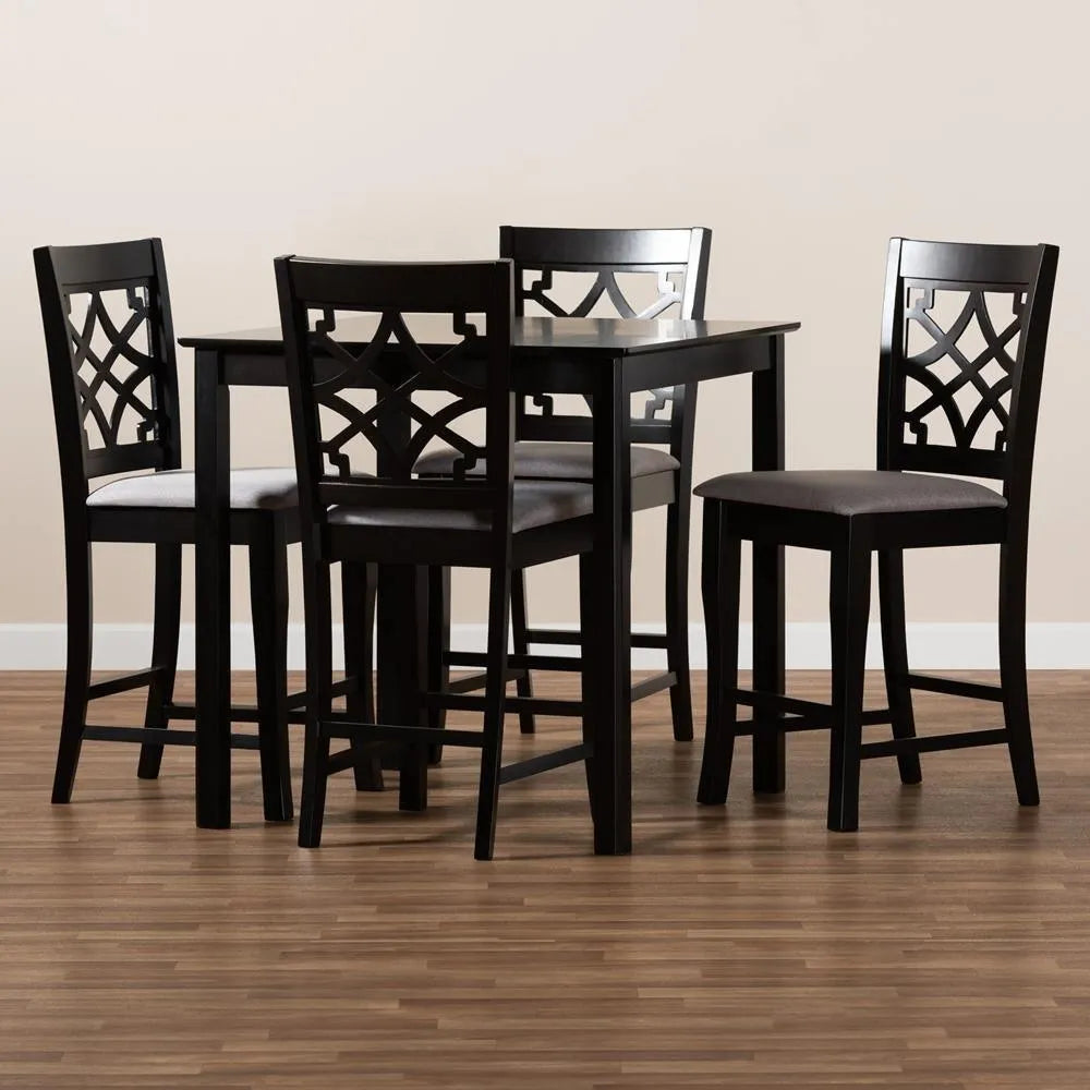 Nisa Modern and Contemporary Grey Fabric Upholstered Espresso Brown Finished 5-Piece Wood Pub Set FredCo