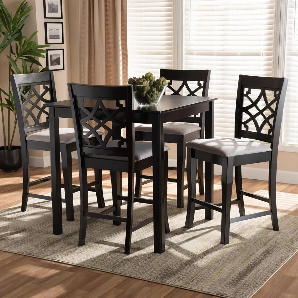 Nisa Modern and Contemporary Grey Fabric Upholstered Espresso Brown Finished 5-Piece Wood Pub Set FredCo