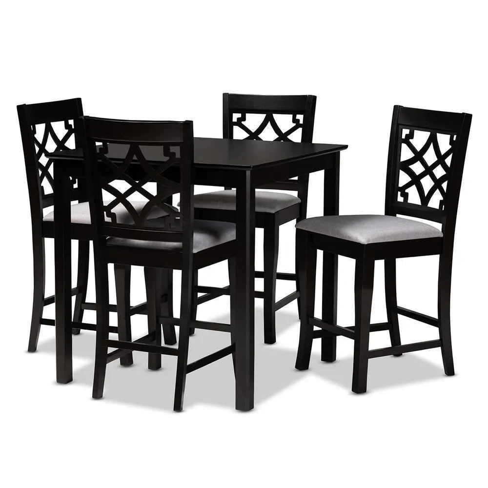Nisa Modern and Contemporary Grey Fabric Upholstered Espresso Brown Finished 5-Piece Wood Pub Set FredCo