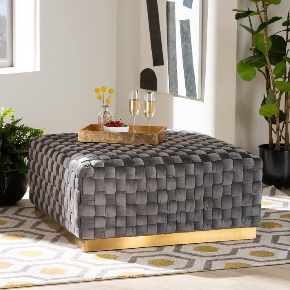 Noah Luxe and Glam Grey Velvet Fabric Upholstered and Gold Finished Square Cocktail Ottoman FredCo