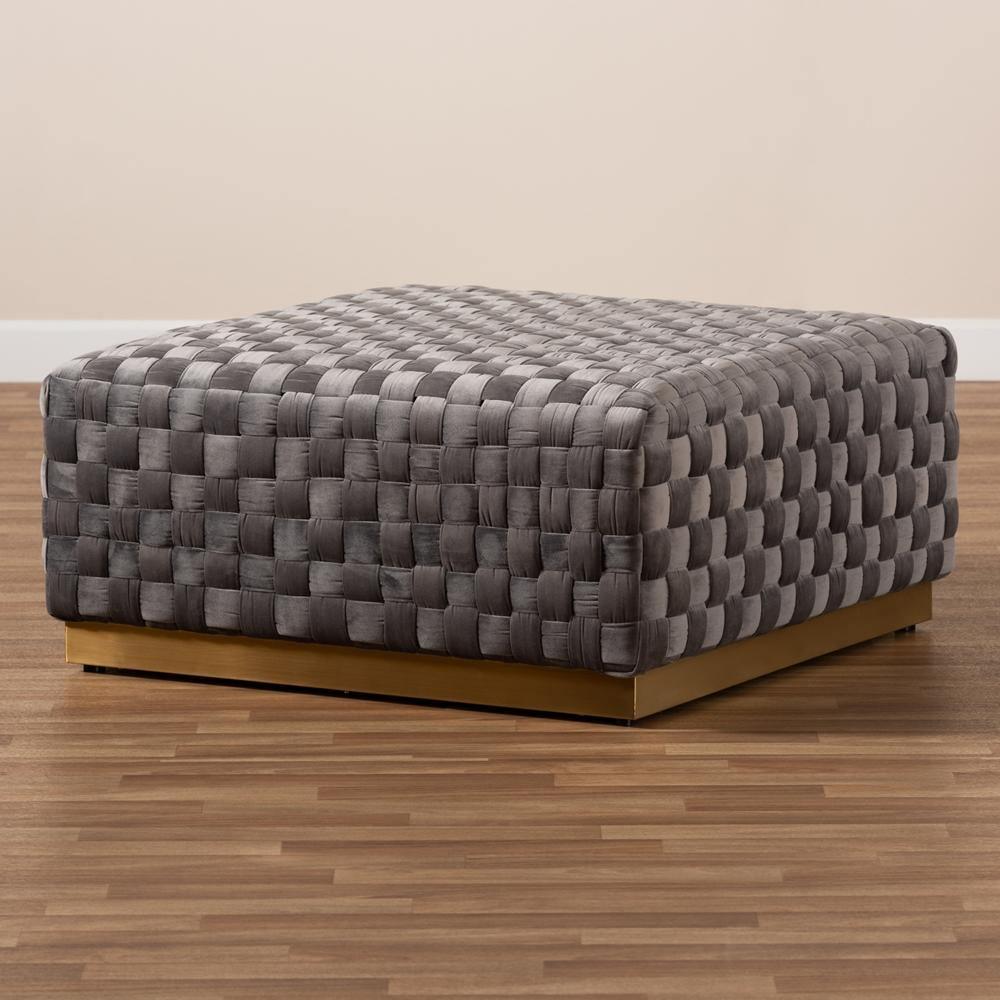 Noah Luxe and Glam Grey Velvet Fabric Upholstered and Gold Finished Square Cocktail Ottoman FredCo