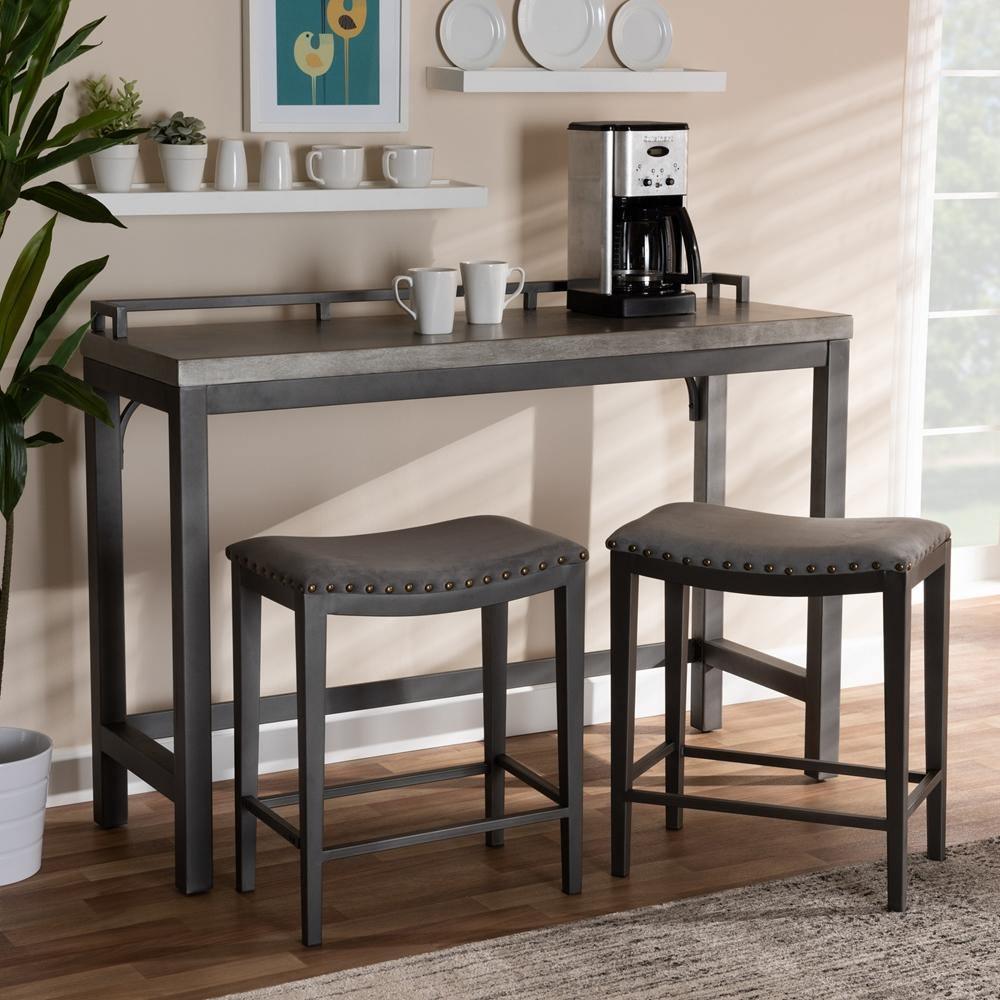 Noll Modern and Contemporary Grey Fabric Upholstered 3-Piece Multipurpose Metal Counter Table Set FredCo