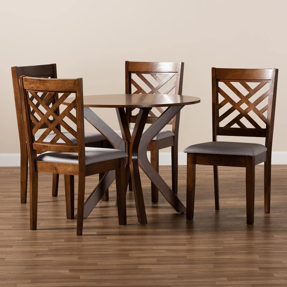Norah Modern and Contemporary Grey Fabric Upholstered and Walnut Brown Finished Wood 5-Piece Dining Set FredCo