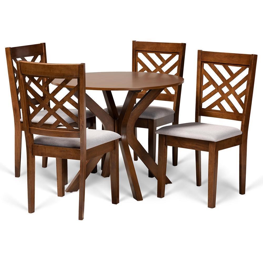 Norah Modern and Contemporary Grey Fabric Upholstered and Walnut Brown Finished Wood 5-Piece Dining Set FredCo
