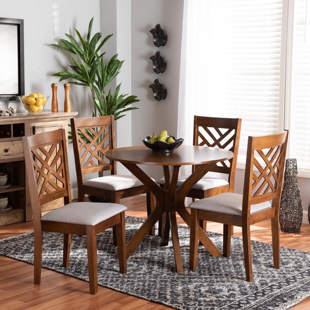 Norah Modern and Contemporary Grey Fabric Upholstered and Walnut Brown Finished Wood 5-Piece Dining Set FredCo