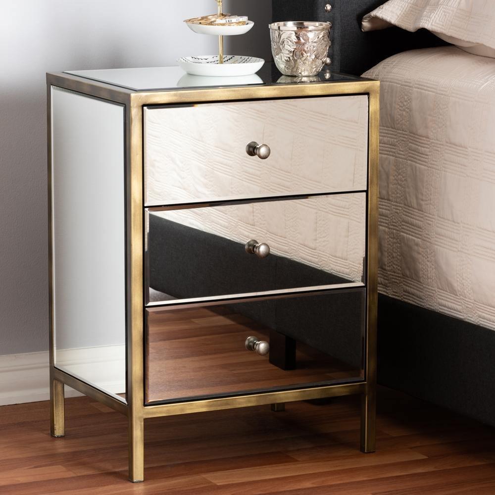 Nouria Modern and Contemporary Hollywood Regency Glamour Style Mirrored Three Drawer Nightstand Bedside Table FredCo
